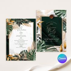 an elegant wedding card with tropical leaves and gold foil on the front, green background