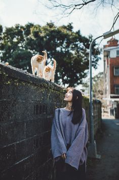 a woman standing next to a wall with two cats on top of it