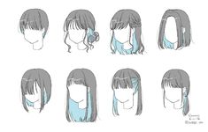 an anime character's hair styles for different ages and abilities, including long bangs