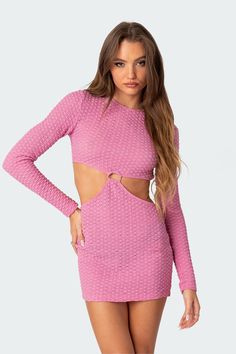 Mini dress Long sleeves Cut out detailing Textured fabric Polyester, Spandex Model wears size S Model height is 5'8 Item care: Wash with similar color Cut Out Mini Dress, Dress Long Sleeves, Swimwear Dress, Edgy Look, Pink Mini Dresses, Textured Fabric, S Models, Dress Long, Beautiful Outfits