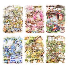 four pictures of different types of flowers and plants in the shape of houses with windows