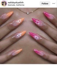 🧡💗 Summer Hawaii Trip Nails 🌺 Bright Summer Nails Designs 2024, Nail Art Tropical, Hawaiian Nails, Hawaii Nails, Orange Nail, 2024 Nails, Tropical Nails, Magic Nails, Swag Makeup