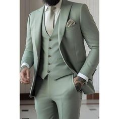 Wedding Suits Men Sage Green, Light Green Tuxedo For Men, Mint Green Groomsmen Attire, Dusty Sage Groomsmen Attire, Enchanted Forest Groom Attire, Light Green Wedding Suit, Green Wedding Suits Men, Sage Suits Men, Khaki Tux Wedding