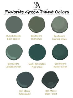 the different shades of green paint for walls and ceiling in an open area with text that reads favorite green paint colors