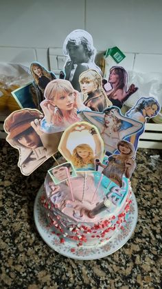 Birthday cake with pictures of Taylor Swift from her different albums. Taylor Swift Birthday Party Cake, Birthday Cake Taylor Swift, Cake With Pictures, Pictures Of Taylor Swift, Taylor Swift Birthday Cake