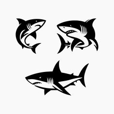 three black and white sharks on a white background