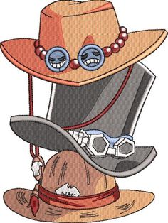 a cowboy's hat with beads and glasses on it, sitting on the ground