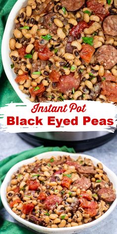 instant pot black eyed peas with sausage and beans in a white bowl on a green cloth