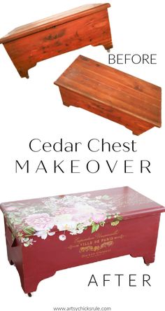 the before and after of cedar chest makeover