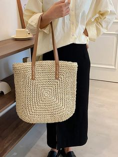 Casual Beige Straw Bag With Large Capacity, Trendy Cream Shoulder Beach Bag, Beach Season Large Capacity Beige Shoulder Bag, Trendy Woven Beige Bags, Trendy Beige Rectangular Beach Bag, Large Capacity Square Beige Straw Bag, Beige Square Bag For Vacation, Casual Summer Shoulder Bag With Long Handle, Casual Cream Shoulder Bag With Large Capacity