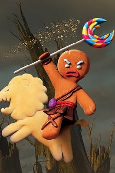 an image of a cartoon character holding a lollipop in the air with his arms and legs