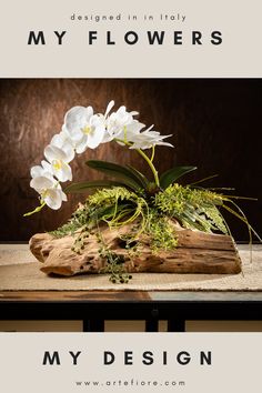 an arrangement of flowers is displayed on a wooden table with the words, my design