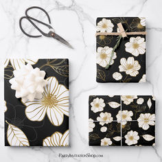 White Gold Floral on Black Wrapping Paper Sheets Tissue Paper Wrapping, Create Business Cards, Party Favor Tags, Gold Floral, Favor Tags