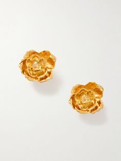 Oscar de la Renta's signature flowers are inspired by the blooming gardens kept by the house's late founder. These earrings are made from gold-tone metal that's intricately carved to depict a pair of gardenias. The clip fastenings allow you to wear them without piercings. Luxury Yellow Gold Flower Earrings, Luxury Gold Flower Earrings For Anniversary, Luxury Yellow Gold Flower Earrings For Formal Events, Luxury Yellow Gold Flower Earrings For Formal Occasions, Luxury Gold Flower Earrings For Formal Events, Gold Luxury Flower Earrings For Formal Occasions, Luxury Gold Flower Earrings For Formal Occasions, Luxury Gold Flower Earrings For Wedding, Bridal Garden Party