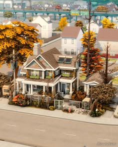 an artist's rendering of a house in the middle of a street with trees