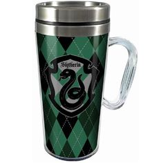 a stainless steel travel mug with a green and black plaid pattern on the front, featuring an image of a snake