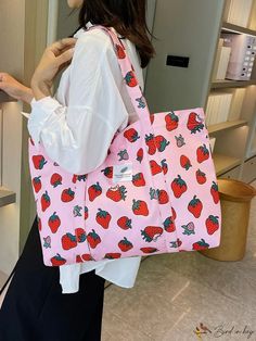 BirdinBag - Sweet Pink Strawberry Print Tote Bag - Fashionable & Versatile Shoulder Shopping Bag Strawberry Tote Bag, Vegetable Bag, Printed Canvas Tote Bag, Pink Strawberry, Cute Strawberry, Red Baby, Strawberry Print, Red Pattern, Canvas Shoulder Bag