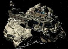 an artist's rendering of a sci - fi space station on top of some rocks