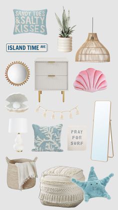 a bunch of items that are sitting on a table with the words island time above them