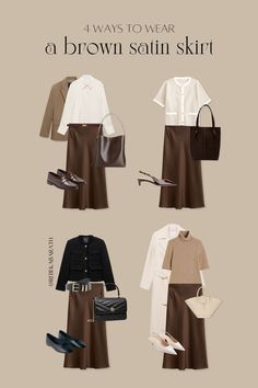 satin midi skirt | ways to wear | style inspiration | neutral fashion | fall fashion (aff links) Light Brown Skirt Outfit Aesthetic, Brown Satin Midi Skirt, Satin Brown Skirt, Satin Brown Skirt Outfit, Satin Skirt Fall, Brown Satin Midi Skirt Outfit, Satin Skirt Brown, Brown Skirt Fall Outfit, Brown Slip Skirt Outfit