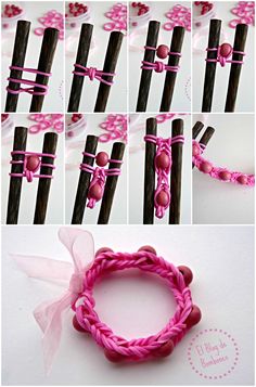 the instructions for making a pink and black bracelet with beads, ribbon and bowknots