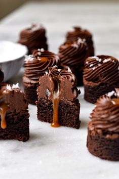 chocolate desserts with caramel drizzled on them