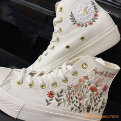 Custom Coverse Platform/wedding Flowers Embroidered - Etsy Wedding Converse Embroidered, Custom Wedding Converse, Floral Embroidered Converse, Platform Wedding Ceremony, Embroidered Converse Wedding, Wedding Dress Flowers Embroidery, Costom Shoes, Wildflower Shoes, Wedding Shoes Converse