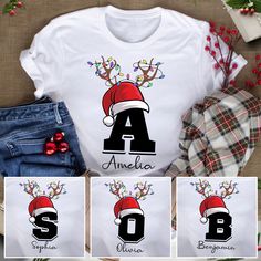 three t - shirts with santa hats and reindeer antlers on them, one has the letter