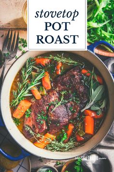 pot roast with carrots, meat and herbs in a white bowl on a table