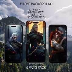 three iphones with game characters on them and the text, phone background winter celebration