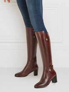 Upton - Women's Tall Heeled Boot in Mahogany | Fairfax & Favor Countryside Outfit, Boot Tree, Tall Heeled Boots, Fairfax And Favor, Knitted Dresses, Tall Boot, Beautiful Boots, Confidence Boost, Brown Leather Boots