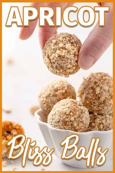 an advertisement for apricot bliss balls in a white bowl with the words apricot