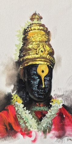 an artistic painting of a man wearing a gold headdress