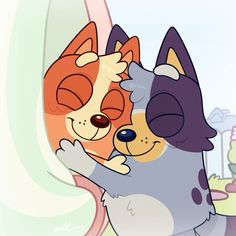 two cartoon dogs hugging each other with their eyes closed