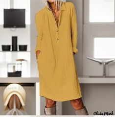 Olivia Mark - Solid Color Cotton Linen Long Sleeve Dress Robes Glamour, Shift Dresses, Womens Shift Dresses, Cotton Linen Dresses, Breezy Dress, Linen Midi Dress, Linen Shirt Dress, Solid Color Dress, Straight Dress