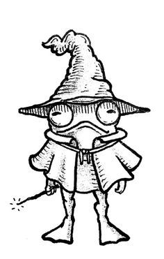 a black and white drawing of a cartoon character wearing a hat, glasses and a cape