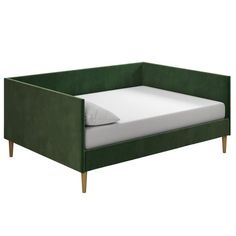 a green bed frame with white sheets and pillows on the bottom, in front of a white background