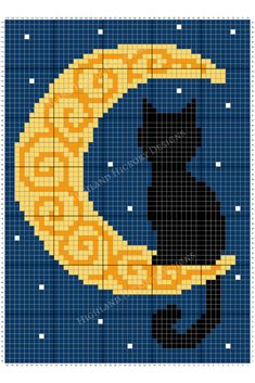 a cross stitch pattern with a cat sitting on the moon in blue and yellow colors