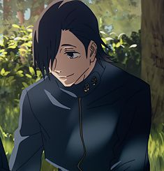 an anime character is sitting in the grass with trees behind him and looking off into the distance