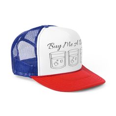 Buy Me A Drink Trucker Hat, Bourbon Baseball Cap, Funny Gift for Birthday, Bourbon Hat, Cocktail Lover Cap, Bachelorette Trucker Hat Artwork Created and designed by Kelly of Confident Squirrel Trucker caps are perfect for almost any occasion. A 100% polyester front and 100% nylon mesh weave back make these hats super durable through regular wear and tear. They come in one size with an adjustable plastic snap closure: 22.8" (58cm). The cap's front has six rows of visor stitching. Pick any (or all) of the four-color variations and start customizing them with your original designs. .: Material: 100% polyester foam front with 100% nylon mesh weave back .: One size fits most (22.8"/58cm) .: Four color combinations to pick from .: Adjustable plastic snap closure .: Six row stitching on visor Novelty Brimmed Hat Gift, Fun Flat Brim Hat For Gift, Fun Flat Brim Hat As Gift, Fun Flat Brim Hat As A Gift, Trucker Hat With Flat Bill As Gift, Gift For Birthday, A Drink, Trucker Cap, Bourbon