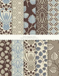 a set of nine seamlessly designed floral patterns in various shades of brown, green and beige