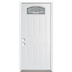 a white door with a glass window on the top and bottom panel, against a white background