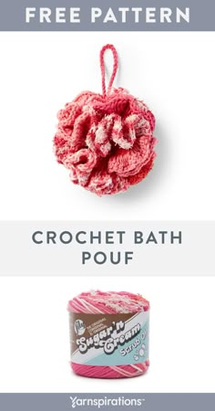 crochet bath pouf is shown with the words free pattern on top and below it