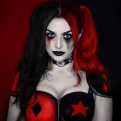 Black Harley Quinn Makeup, Harley Quinn Diy, Poison Nightmares, Black And Red Makeup, Harley Quinn Halloween Costume, Harley Quinn Makeup, Harley Quinn Halloween, Halloween Makeup Diy, Harley Quinn Costume