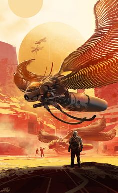 a man standing on top of a desert next to an alien like bird flying over him