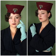 I love a bold hat! This tall burgundy toque is something like an extreme breton style - a rounded crown is surrounded by its own dramatically turned up brim, which flares wide at the top. A clever pleating creates a sharp widow's peak type point at the center front, and that's filled with colorful applique of beadwork in silver, deep red and bright turquoise blue. The interior has a rayon grosgrain sweatband that bears the brand label.  ✂-----Measurements  Marked Size: 22 Interior Dimensions: 21" - but absolutely fits as a size 22 Height: 4.5", point to top of brim.  Label: New York Creation Material: Unstamped Fur Felt Condition:  Very Good  This hat fresh and sturdy. I find no issues to note! 1940’s Hats, 30s Pillbox Hat, Breton Style, Widow's Peak, 1940s Hats, Bleu Turquoise, Festival Season, Caps Hats, Bead Work