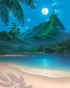 a painting of a beach with palm trees and the moon in the sky above it