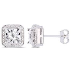 These 1/20 ct. t.w. diamond vintage-style stud earrings set in sterling silver each feature a petite center diamond, artfully set to enhance its size and radiance. An octagonal-shaped frame of beaded detailing surrounds the center design to complete the look. The earrings are secured with friction backs. Square Diamond Earrings, Ear Pins Earrings, Sapphire Diamond Pendant, Halo Stud Earrings, Halo Earrings Studs, Square Earrings Studs, Square Stud, Square Diamond, Diamond Stud Earrings