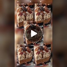 the video is showing how to make chocolate cheesecakes with nuts and pecans