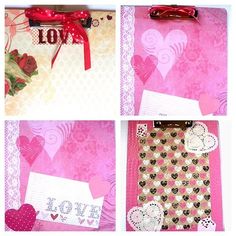 four different images of pink and white paper with hearts